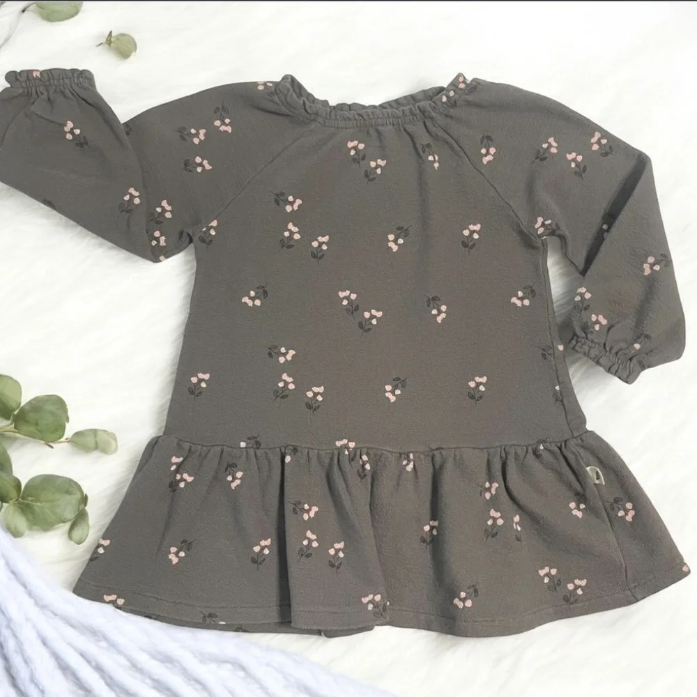 Gray Long Sleeve Sweatshirt Dress with Pink Floral Pattern